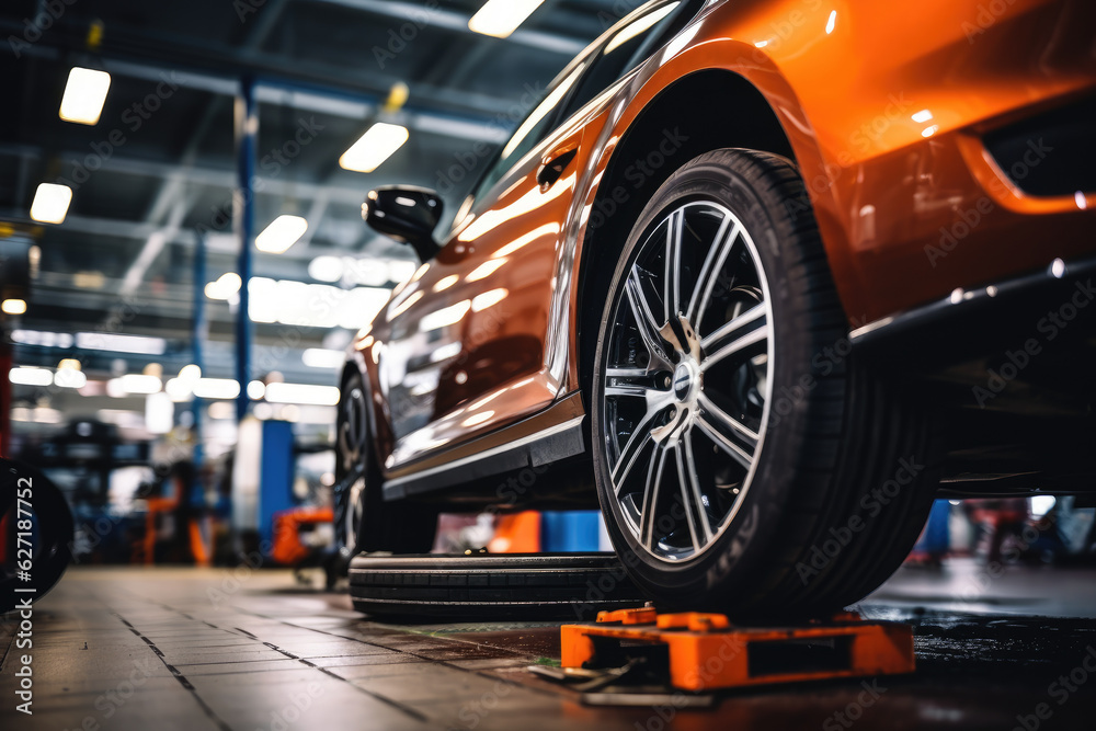 male tire changer In the process of checking the condition of new tires that are in stock to be replaced at a service center or auto repair shop generative ai