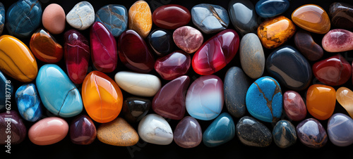 Spectrum of colorful rock or pebbles abstract background. Wide format generative ai © JKLoma