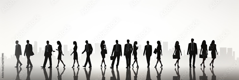 Vector silhouettes of men and a women, a group of standing and walking business people, black color isolated on white background generative ai - obrazy, fototapety, plakaty 