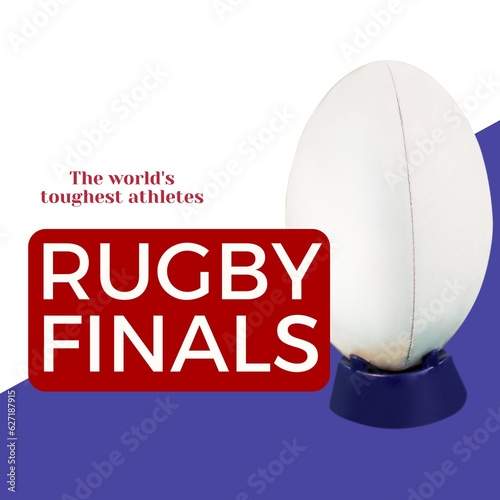 Rugby finals text in white on red and blue with white rugby ball