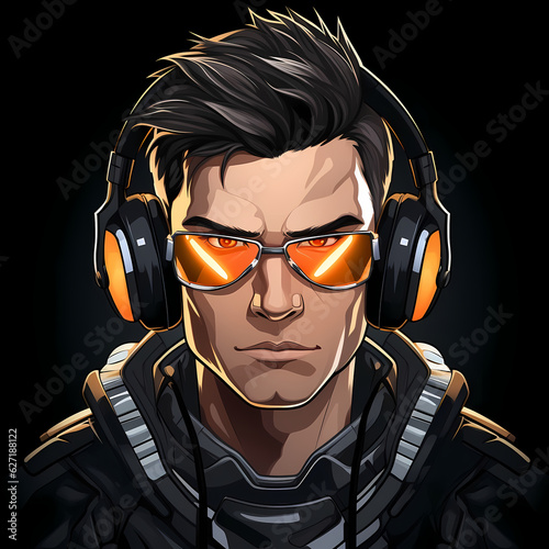 Modern game avatar. Mascot sport logo design. Gamer head illustration logo. large headphones. Male haracter for sport and gaming logo concept. Dark sci fi abstract background. Ai generative