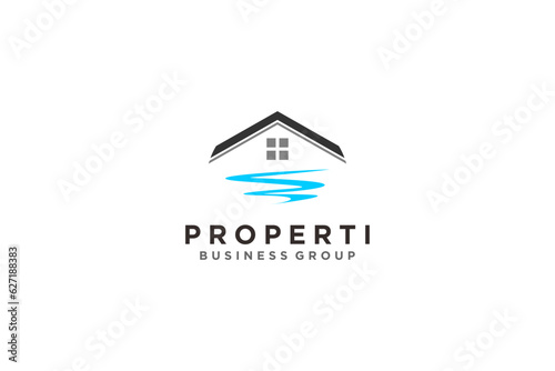Real estate property logo design roof house river lake icon symbol