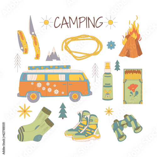 Camping and hiking set, drawn elements — knife, matches, bonfire, van, mosquito spray, binoculars.