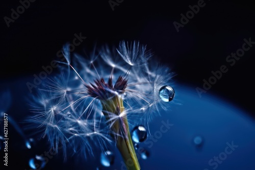 A drop of water on dandelion on beautiful dark blue background