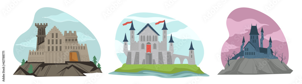 Gothic medieval castle with spikes and ribbons