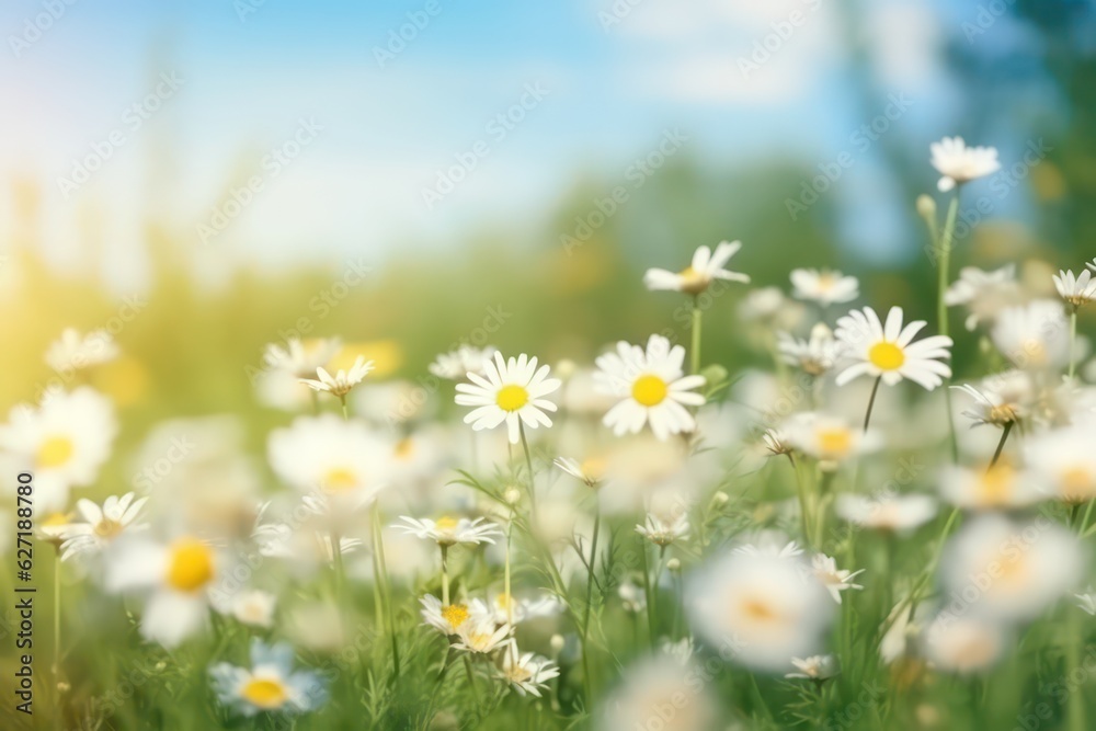 Beautiful blurred spring background nature with blooming white daisy