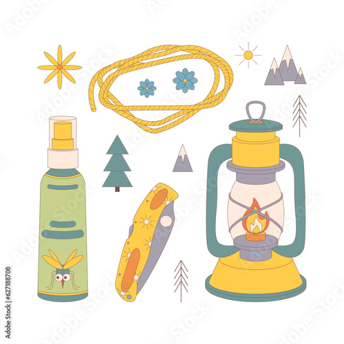 Camping and hiking set, drawn elements — oil lamp, rope, mosquito spray.