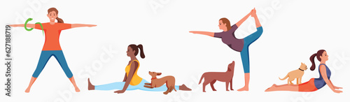 Illustration of women with pet doing yoga pose exercises