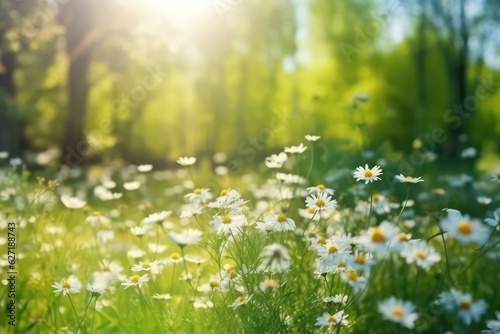 Beautiful blurred spring background nature with blooming white daisy