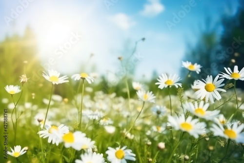 Beautiful blurred spring background nature with blooming white daisy © SaraY Studio 