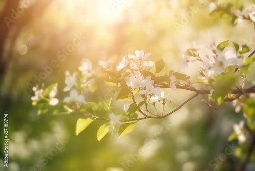 Beautiful blurred spring background with blooming flower on branches