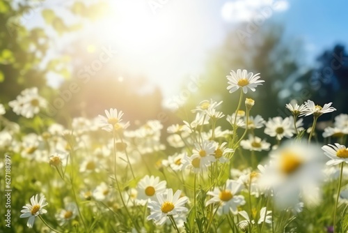 Beautiful blurred spring background nature with blooming white daisy