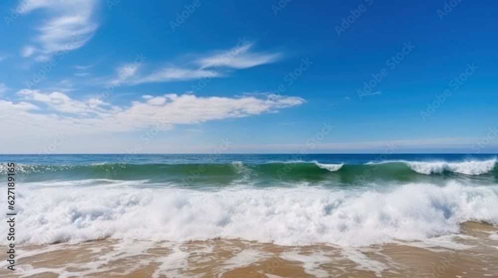 Beautiful panoramic seascape with surf waves against the blue sky