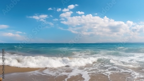 Beautiful panoramic seascape with surf waves against the blue sky