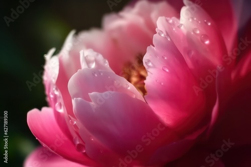 Beautiful transparent drops of water or dew with sun glare on peony flower