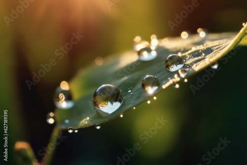 Beautiful water drops sparkles in sun on leaf in sunlight
