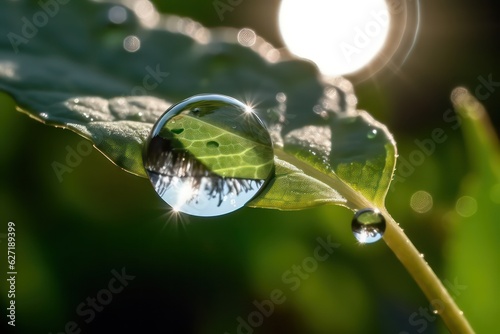 Beautiful water drops sparkles in sun on leaf in sunlight