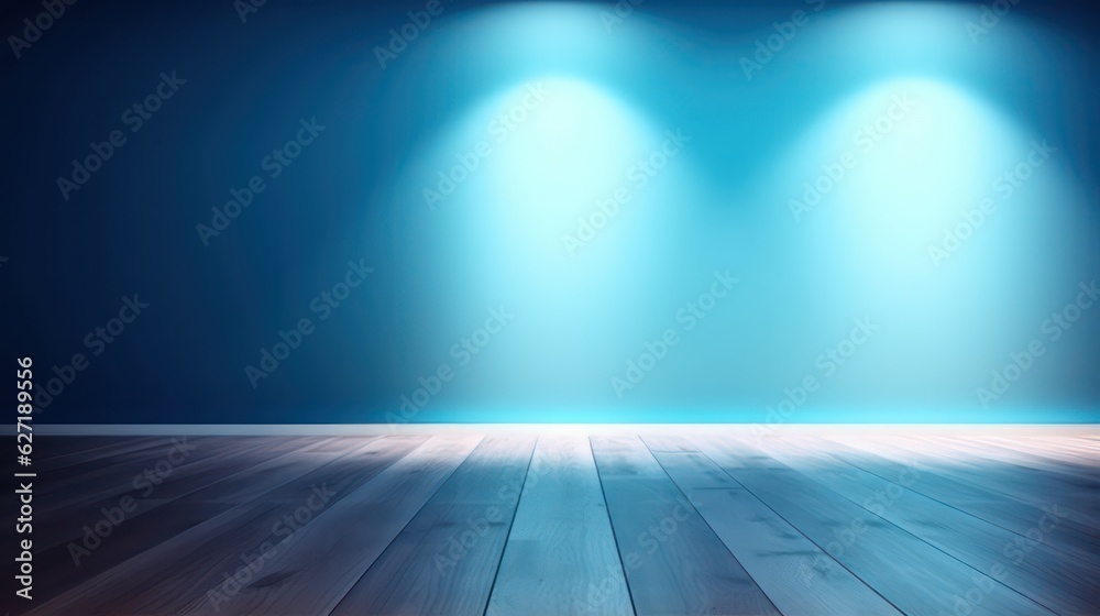 Blue empty wall and wooden floor with interesting light for presentation with copy space