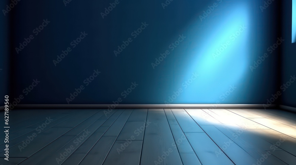 Blue empty wall and wooden floor with interesting light for presentation with copy space