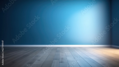 Blue empty wall and wooden floor with interesting light for presentation with copy space