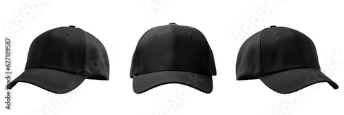 Blank black baseball cap in three different views, mockup, isolated, white background, generative ai