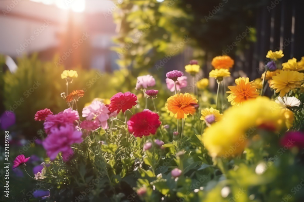 Colorful spring summer landscape with multicolor flowers underneath beautiful sunlight