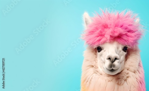 Creative Animal Concept. Alpaca peeking over pastel bright background. Generative AI. © Curioso.Photography