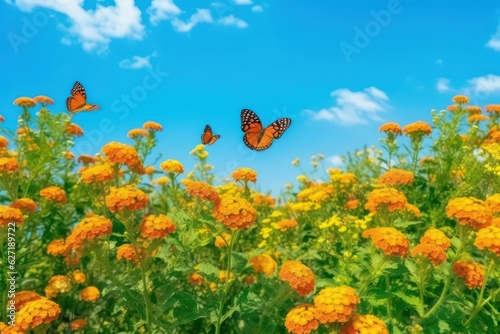 Bright colorful summer spring flower border with butterflies. Natural landscape with blue clear sky.