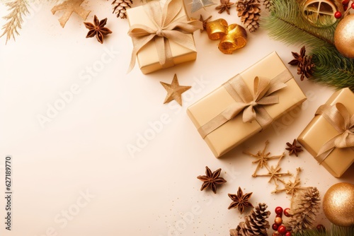 Christmas decoration composition on light gold background with copy space © SaraY Studio 