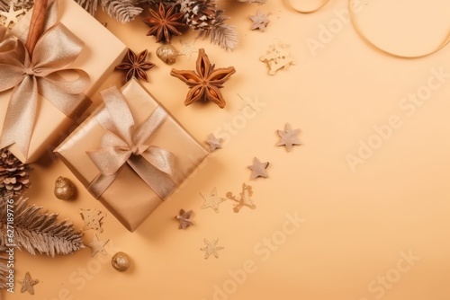 Christmas decoration composition on light gold background with copy space © SaraY Studio 