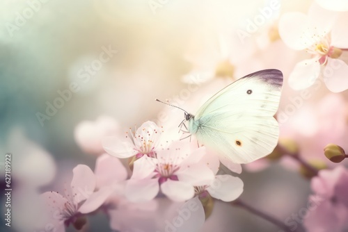 Delicately pink romantic natural floral background with a butterfly