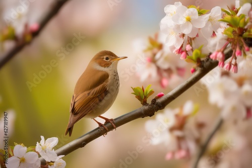 Delightfully beautiful nightingale bird on a flowering