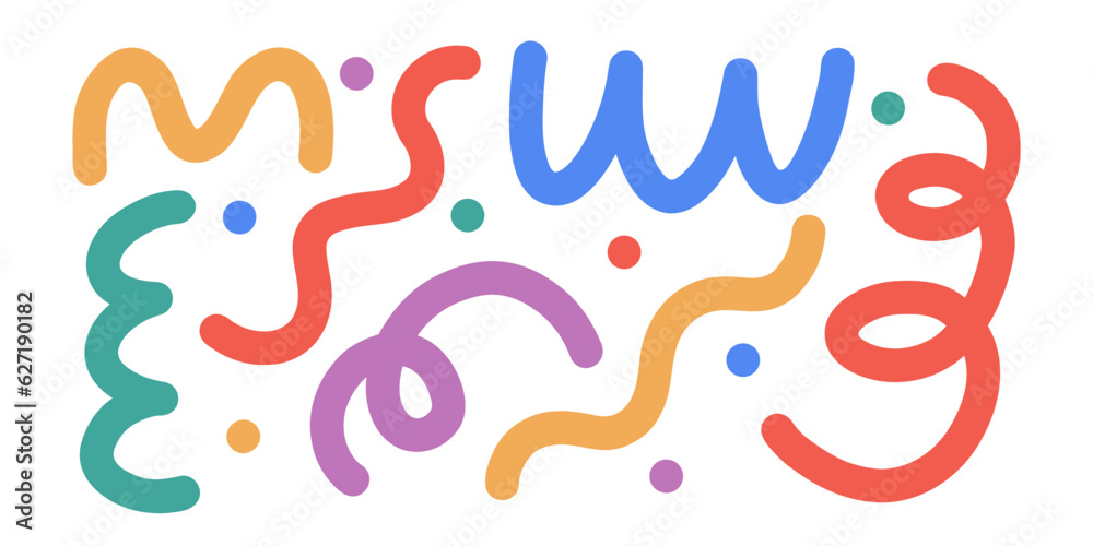 Fun doodle colorful line. Hand drawn squiggle confetti. Childish background with basic shapes serpentine and dots. Trendy design print. Vector illustration isolated on white background. Fun doodle colorful line. Hand drawn squiggle confetti. Childish background with basic shapes serpentine and dots. Trendy design print. Vector illustration isolated on white background.