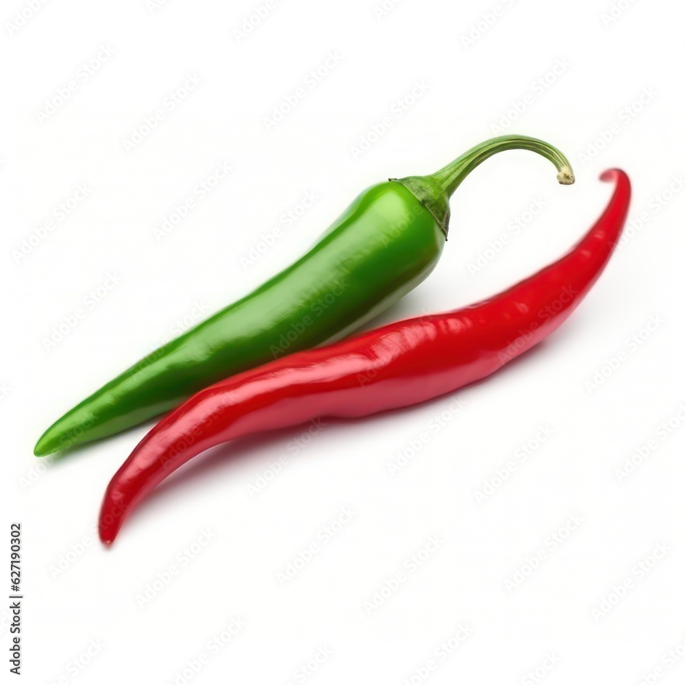 green and red hot chili peppers isolated on white background