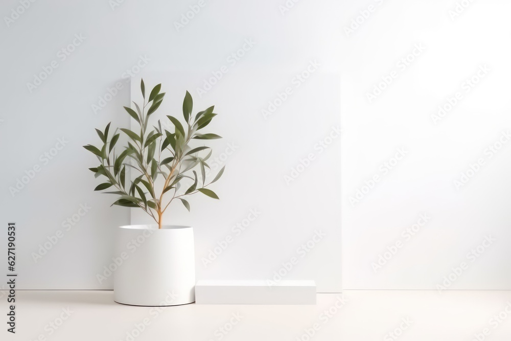 Light grey minimal geometric background with pedestal. Mockup with green plant pot