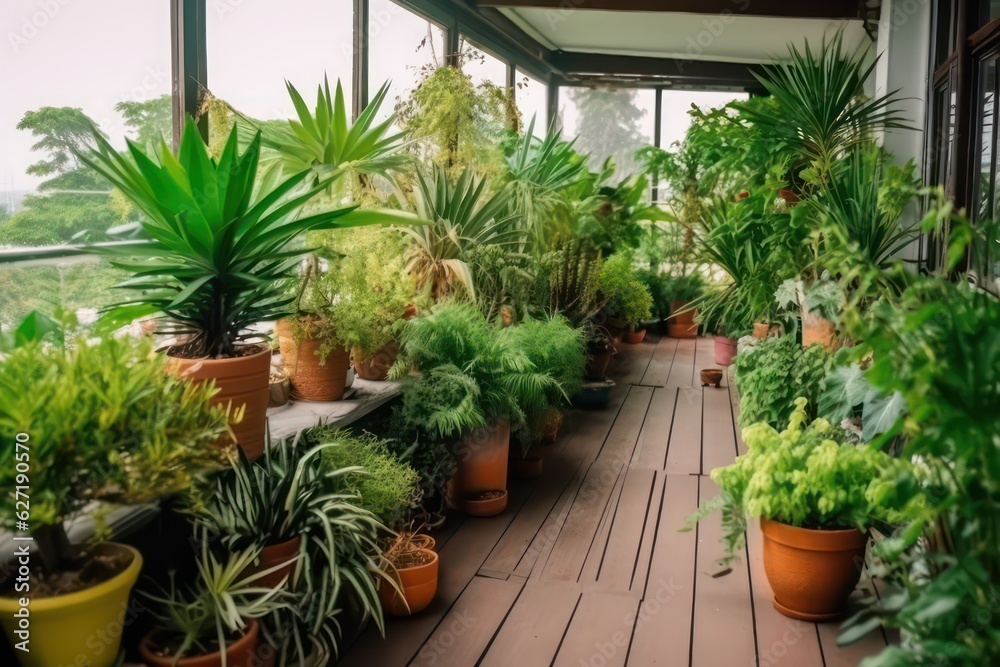 Beautiful green lush indoor plants on the terrace