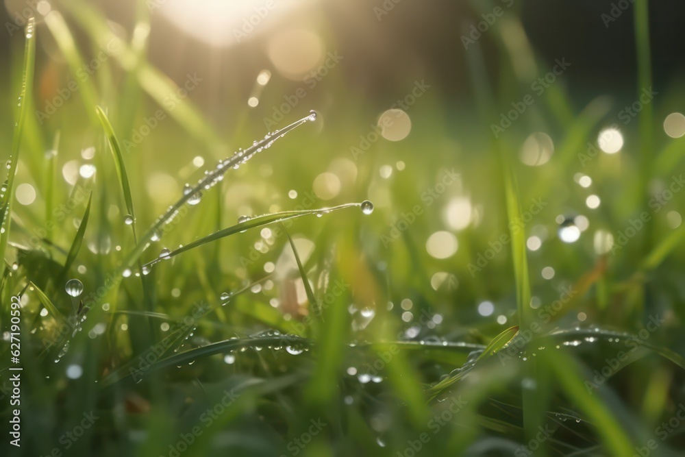 Grass with sparkling dew with sunlight in morning fresh vibe