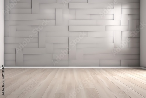 Light gray wall with decorative panels and wood flooring © SaraY Studio 