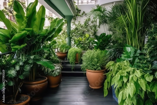 Beautiful green lush indoor plants on the terrace