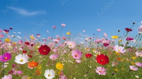 Multicolored cosmos flowers in meadow in spring summer