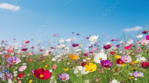 Multicolored cosmos flowers in meadow in spring summer