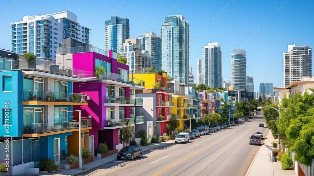 Impressive urban district: sleek high-rises, vibrant color style