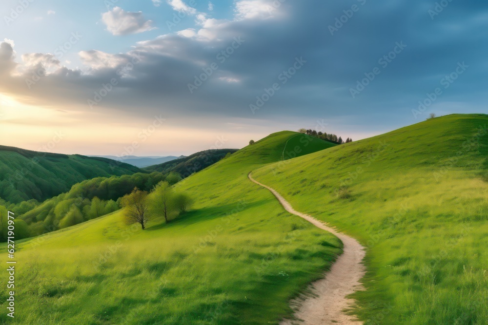 Picturesque winding path through a green grass field on hills