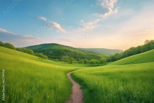 Picturesque winding path through a green grass field on hills
