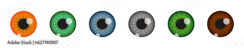 Closeup view of human eye pupils with different colors isolated on white background. Espionage, curiosity, spying, surveillance concept. Vector realistic illustration.