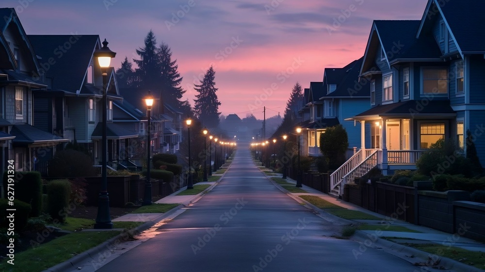 Naklejka premium Captivating twilight: suburban serenity, tranquil color style