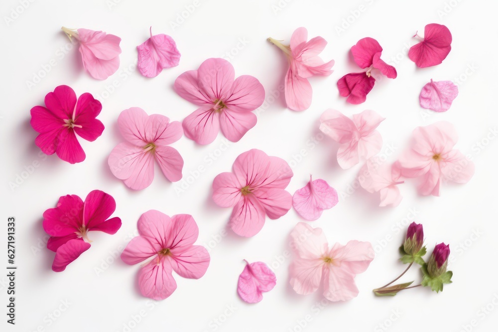 Set of pink flowers and geranium petals. Floral isolated on white background