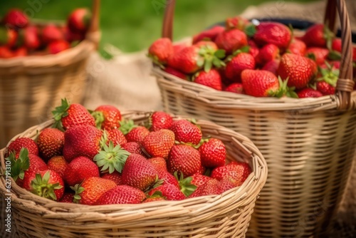 several baskets of organic strawberries background