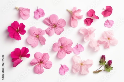 Set of pink flowers and geranium petals. Floral isolated on white background © SaraY Studio 
