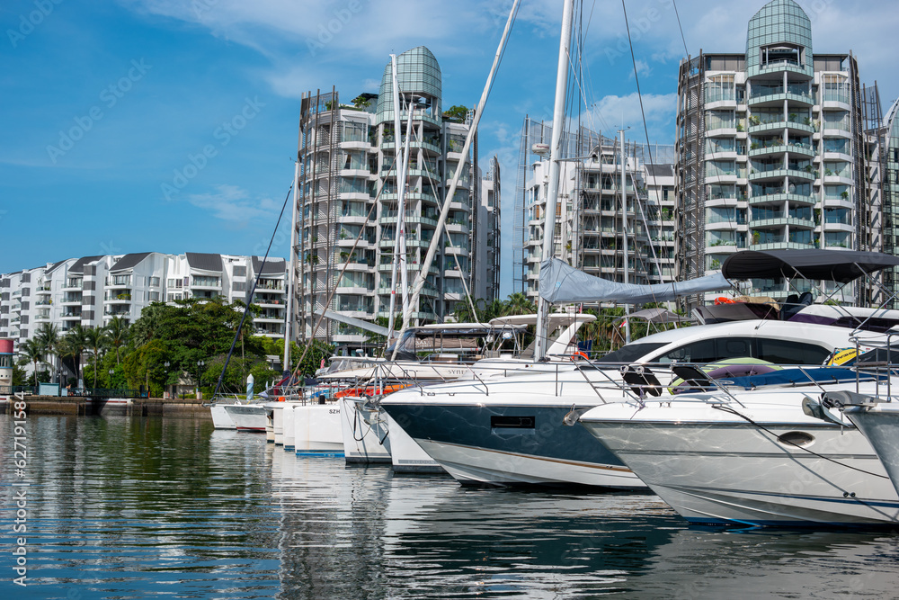 A collection of luxurious yachts moored in a seaside harbor with a background of residential properties